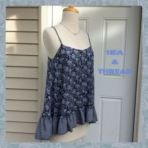 New "HEM & THREAD" Navy Print Ruffle bottom TOP